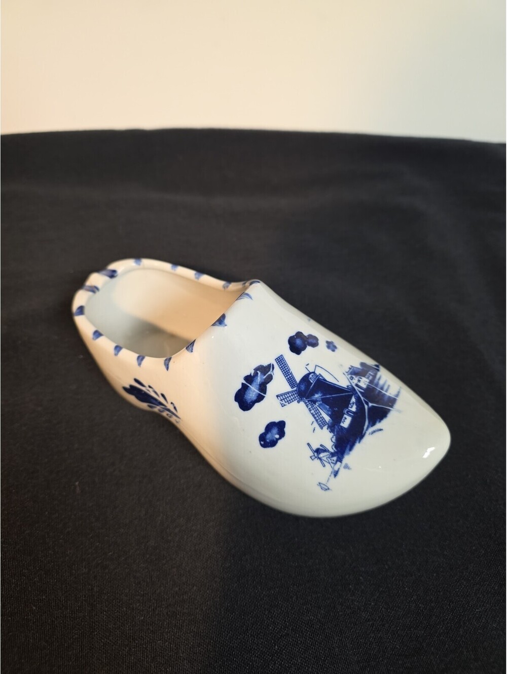 Vintage Blue & White Ceramic Dutch Clog Shoe Figurine, Windmill Souvenir Dish